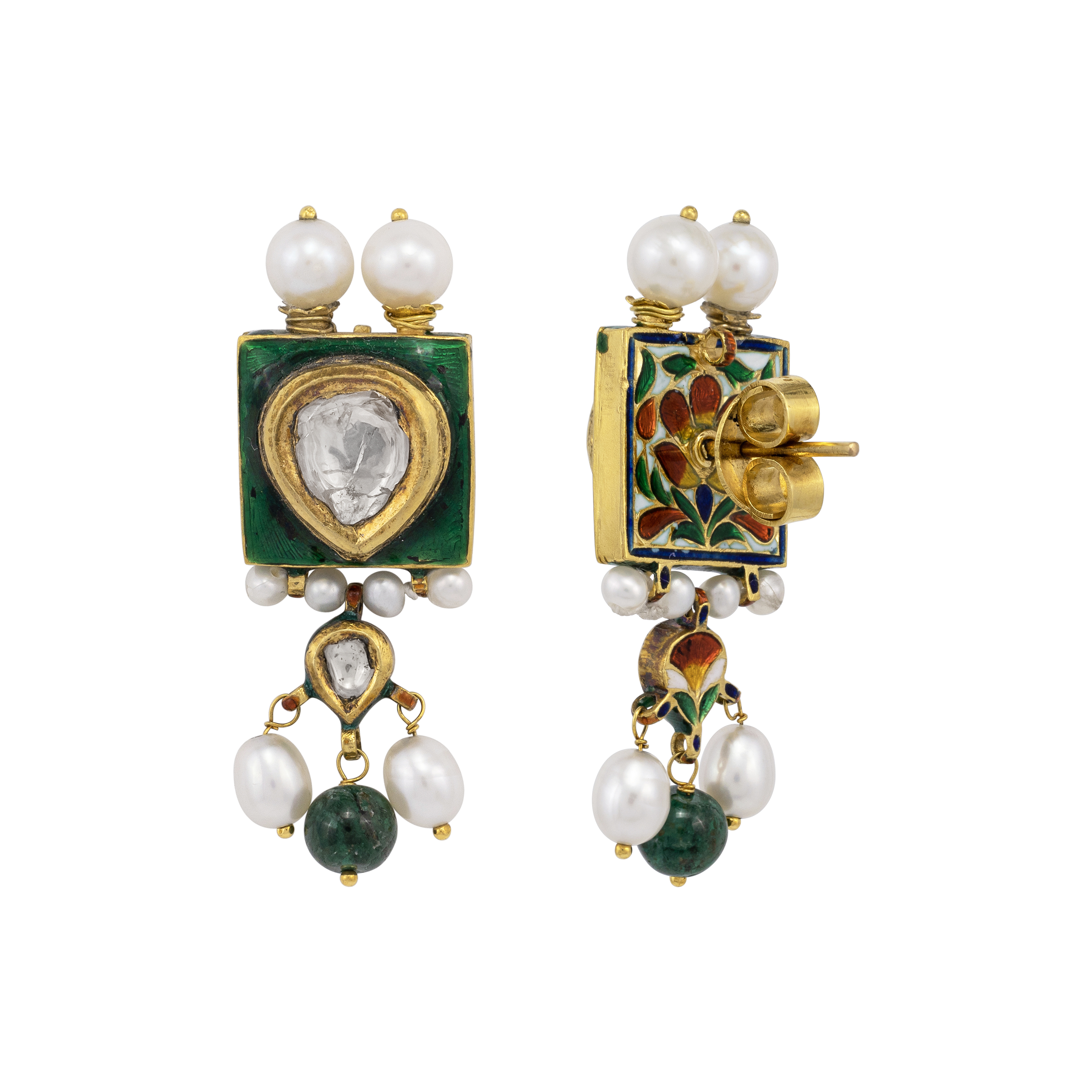 Green Meenakari Jadau Earrings with Pearls and Emerald Drops